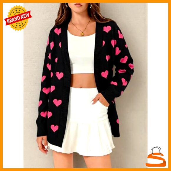 Heart Print Cardigan Open Front Knit Sweater with Pockets Valentine's Day Chic - Picture 3 of 7